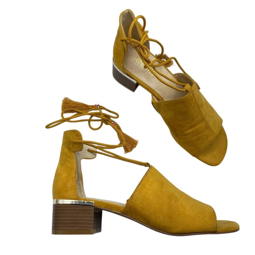 Nine West Yellow Faux Leather Peep Toe Strappy Ankle Wrap Sandals Womens 6